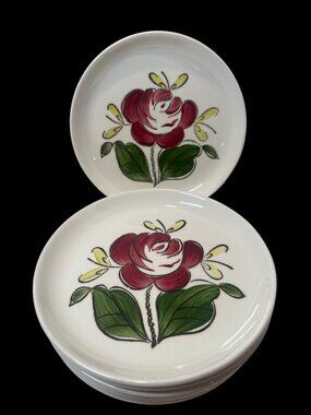 Vintage Stetson Hand Painted Floral Salad Plates Set Of 7 6" Diameter Red Rose D